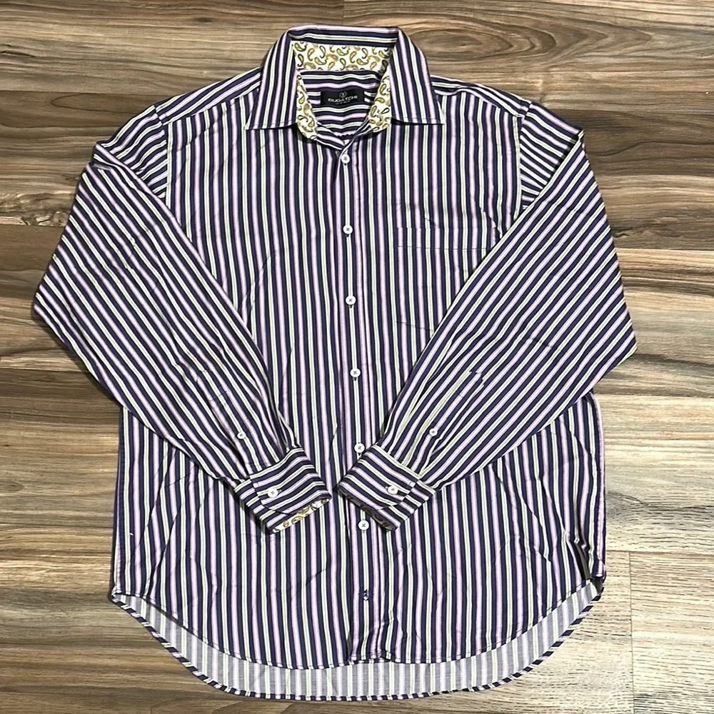 Bugatchi Uomo Shirt Mens L Purple Green White Striped Button Down Flip Cuff